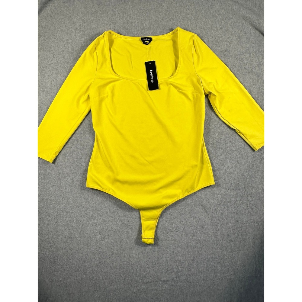Bebe Womens Yellow Square Neck 3/4 Sleeve Bodysuit Size XL NWT